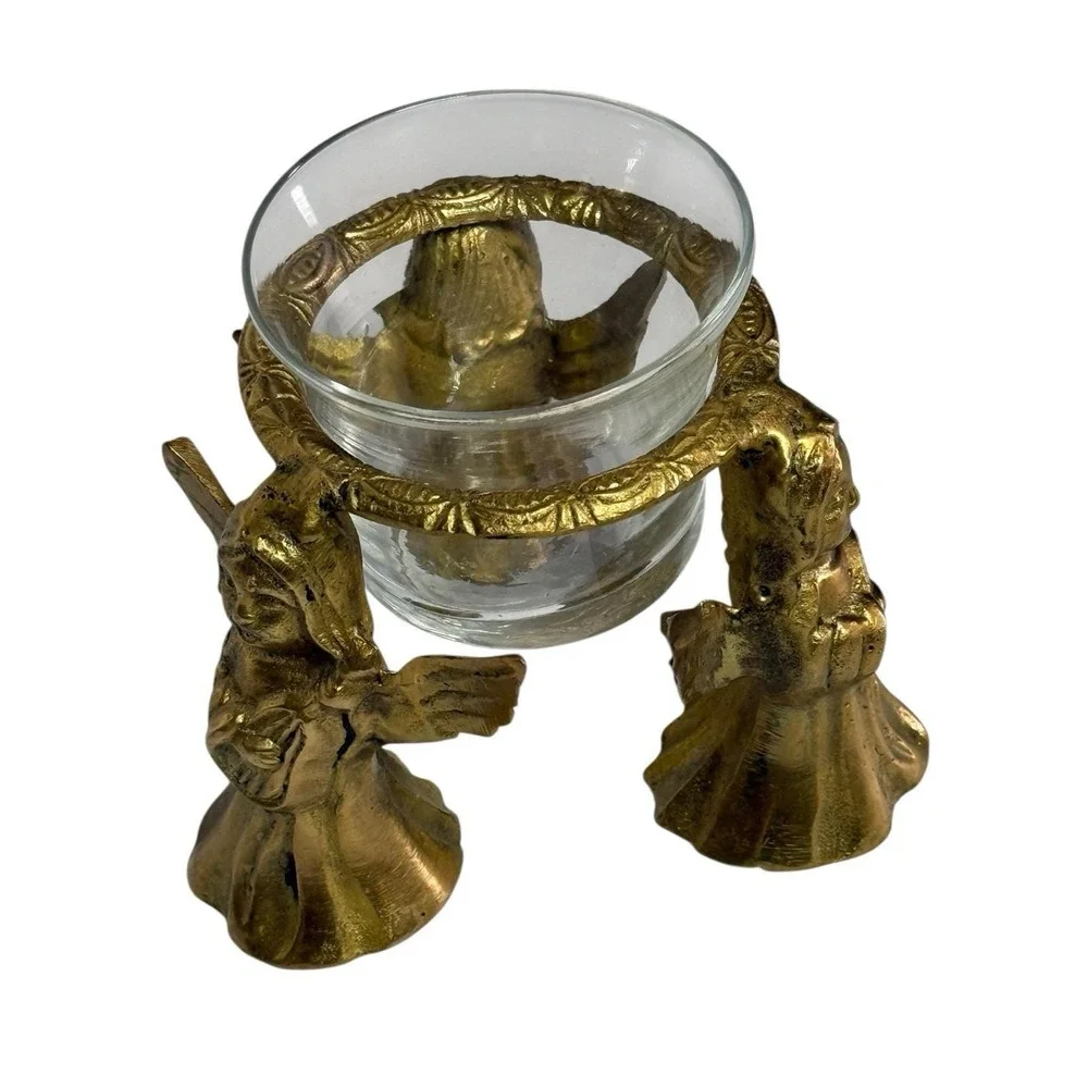 VTG Brass 3 Angels With Harps Votive Candle Holder Glass‎ Insert READ - Picture 3 of 11